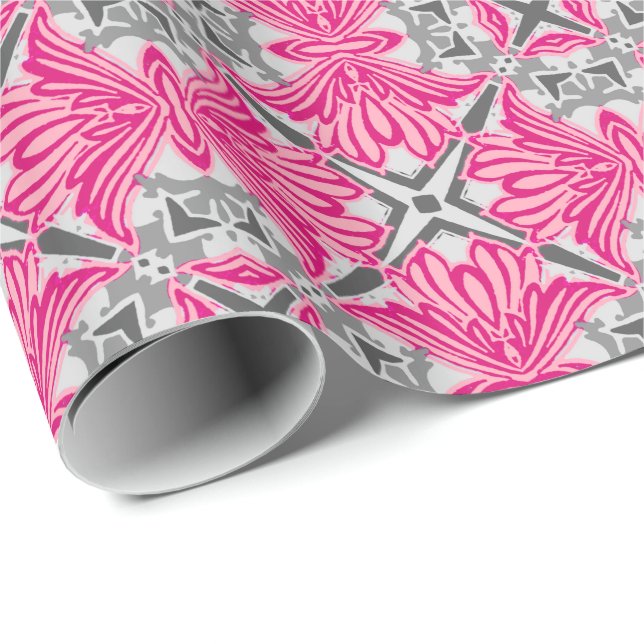 Abstrakt Flower Petals Fuchsia Rosa och Grått Presentpapper (Rullad Hörn)