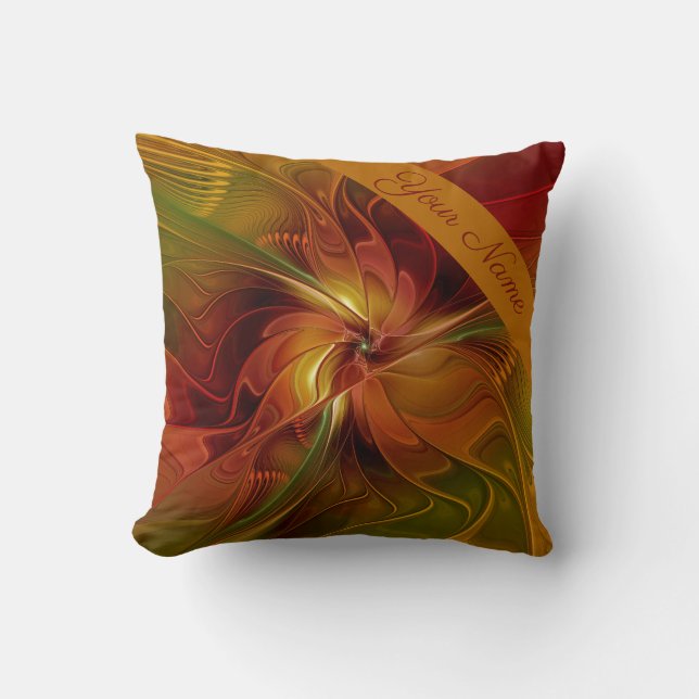 Abstrakt Flower Red Orange Brown Grönt Namn Kudde (Framsida)