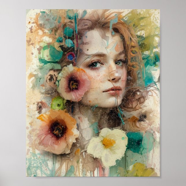 Abstrakt Flower Woman Porträtt Poster (Framsidan)