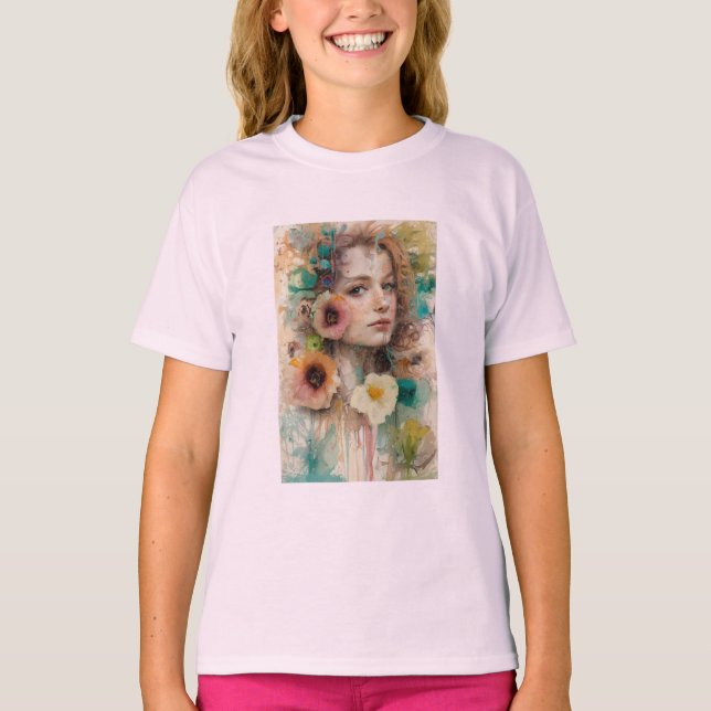Abstrakt Flower Woman Porträtt T Shirt (Framsida)