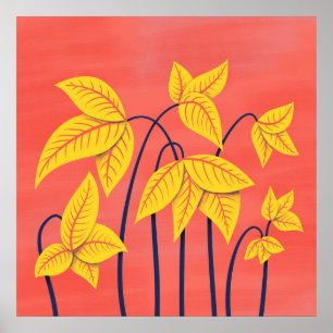 Abstrakt Flowers Coral Gult Blommigt Geometric Art Poster