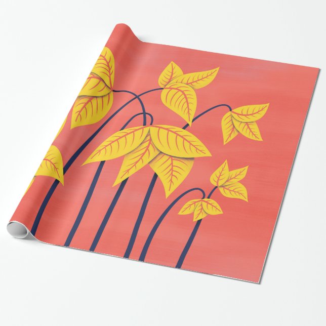 Abstrakt Flowers Coral Gult Blommigt Geometric Art Presentpapper (Utrullad)