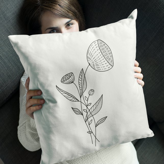 Abstrakt Flowers Doodle Black White Snyggt Kudde (Skapare uppladdad)