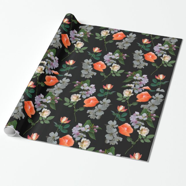 Abstrakt Flowers on Black Background Wrappape Presentpapper (Utrullad)