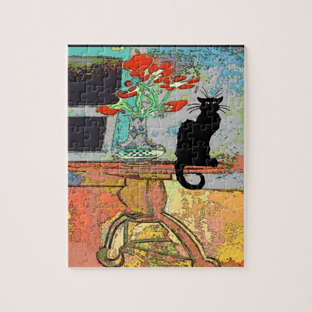 Abstrakt Flowers på Bord med katt Pussel (Vertikal)