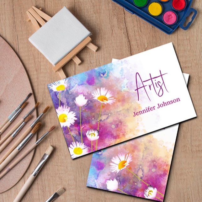 Abstrakt Flowers Paint Watercolor Artist Visitkort (Modern business card with abstract daisy flowers – perfect for artist#ModernArt#BusinessCard #Daisy)