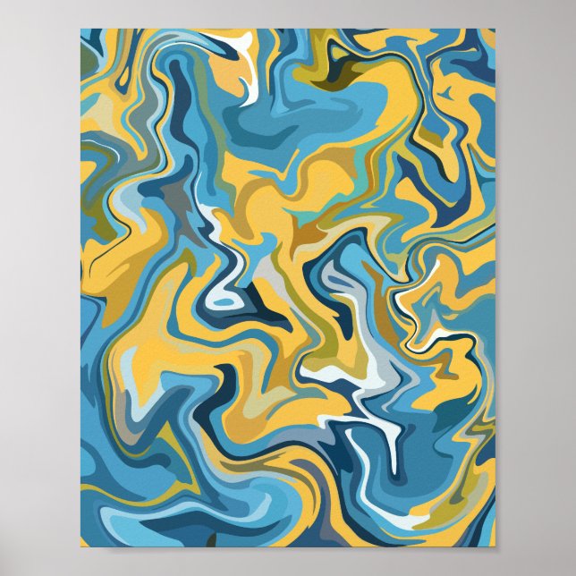 Abstrakt Fluid Art med Blue och Gult Swirls Poster (Framsidan)