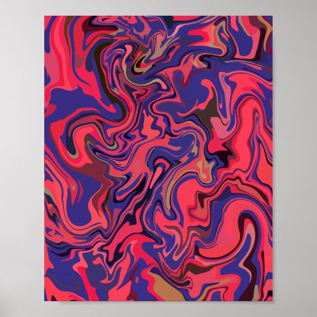 Abstrakt Fluid Art med rött och djupblått Poster (Framsidan)