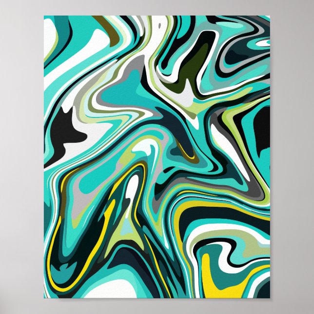 Abstrakt Fluid Mönster i Teal and Black Poster (Framsidan)