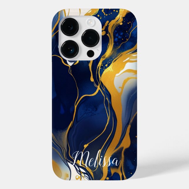 Abstrakt Fluid Navy Blue Guld personalize namn (Baksida)