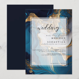 Abstrakt Flytande Guld på blå marble Inbjudningar