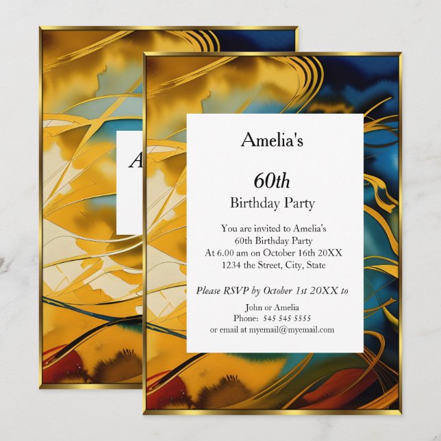 Abstrakt födelsedagsfest blå guld modern inbjudningar (Fram/baksida)