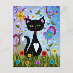 Abstrakt Folk Art: Charming Black and White Cat Vykort