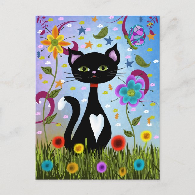 Abstrakt Folk Art: Charming Black and White Cat Vykort (Framsida)