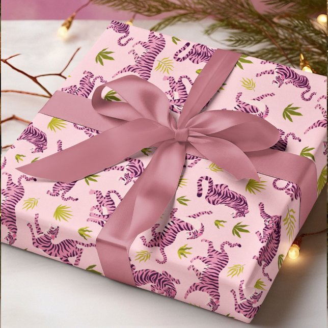 Abstrakt för akut Rosa Tigers Tropical Löv Animal Presentpapper (Skapare uppladdad)