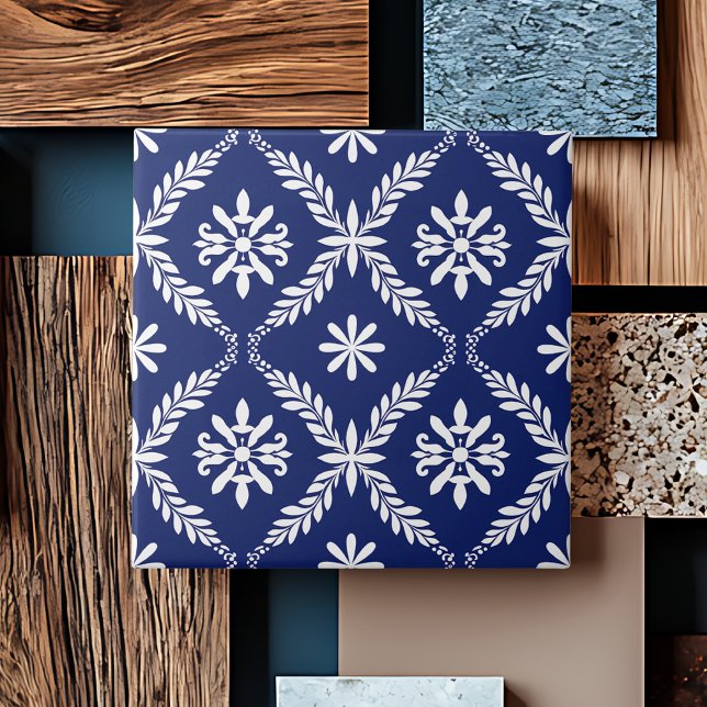 Abstrakt för blå, modern geometrisk Elegant Kakelplatta (Blue Simple Modern Geometric Elegant Abstract Floral Symmetrical Ceramic Tile)