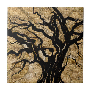 Abstrakt för blandade medier i Black och Guld stru Kakelplatta