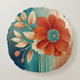 Abstrakt för Blommigt av rost och turkos Rund Kudde