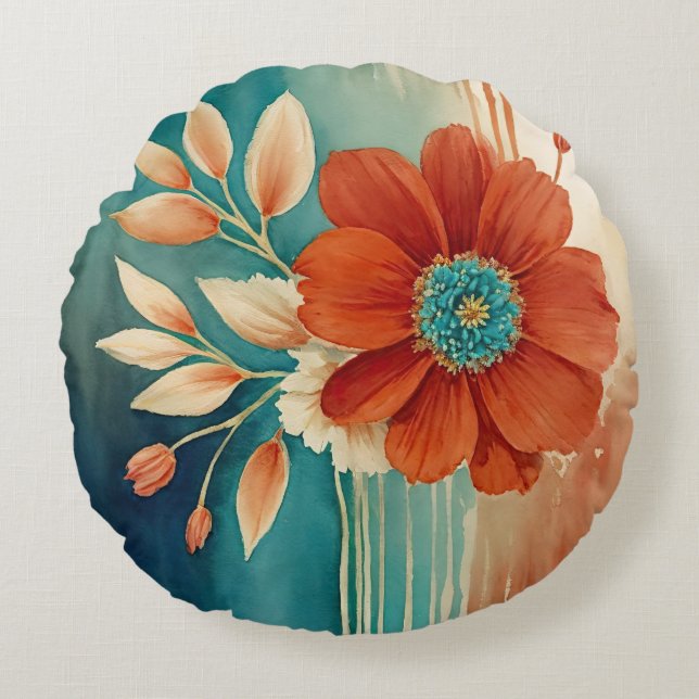 Abstrakt för Blommigt av rost och turkos Rund Kudde (Framsidan)