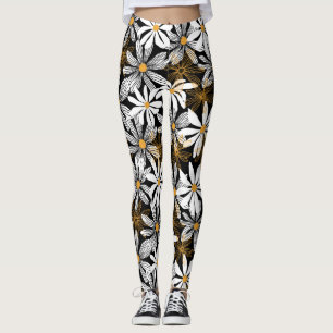 Abstrakt för Elegant av svart, vit, Gult, Daisy Leggings