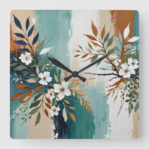 Abstrakt för färgad Löv Blommigt Teal Blue Rust T Fyrkantig Klocka