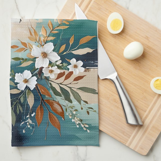 Abstrakt för färgad Löv Blommigt  Teal Blue Rust T Kökshandduk (Vikt i Fjärdedel)