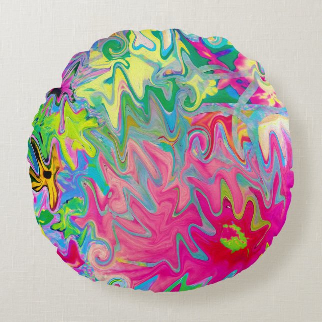 Abstrakt för färgstark Blomsterträdgård Rund Kudde (Framsidan)