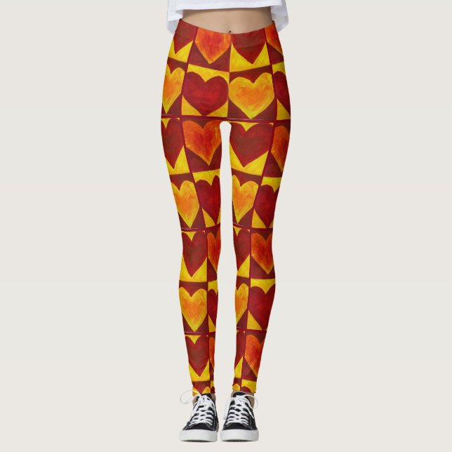 Abstrakt för Gult av röd Orange Hjärthjärtan Art S Leggings (Framsida)