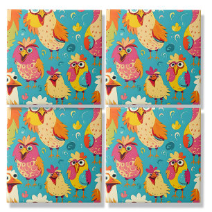 Abstrakt för konstig Whimsical Tecknad Chickens Kakelplatta