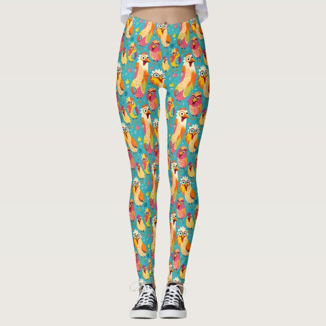 Abstrakt för konstig Whimsical Tecknad Chickens Leggings (Framsida)