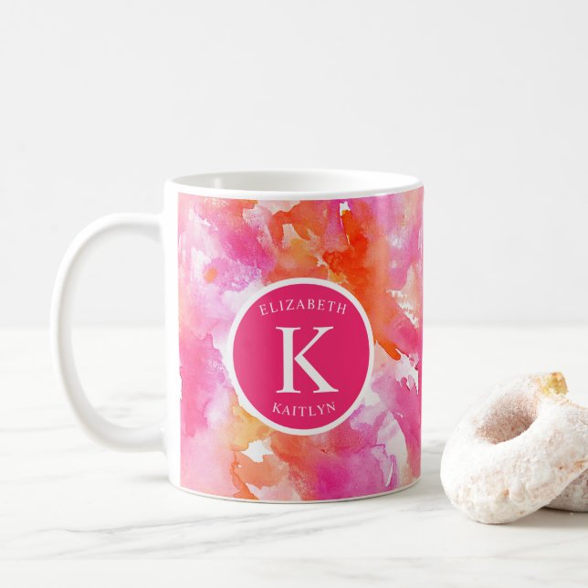Abstrakt för Rosa av vattenfärgsOrange i Monogram Kaffemugg (Med munk)