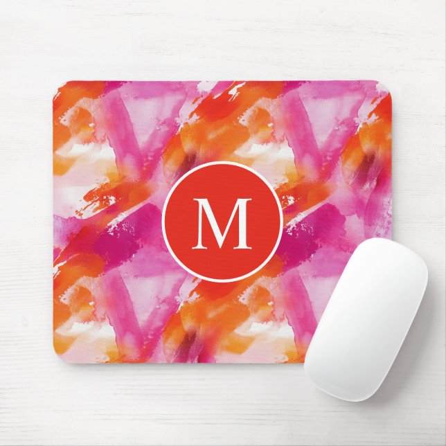 Abstrakt för Rosa av vattenfärgsOrange i Monogram Musmatta (Med mus)