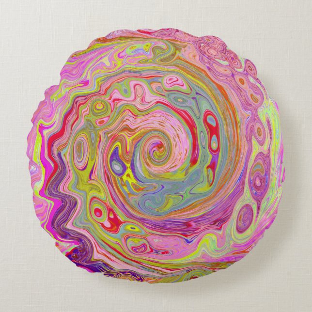 Abstrakt för Rosa, Gult och Magenta i Retro Groovy Rund Kudde (Framsidan)