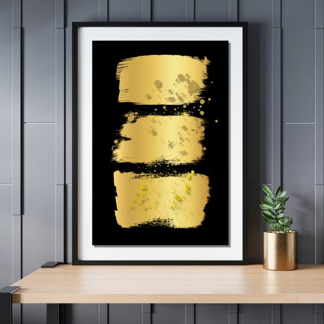 Abstrakt för svart dekorpensel i modern Guld Poster (Modern Minimalist Gold And Black Paint Brush Stroke Gold Spatter Abstract Wall Art Poster Print)