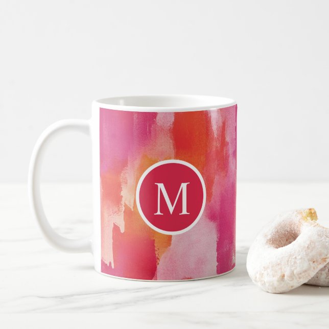 Abstrakt för vattenfärgsRosa Orange Kaffemugg (Med munk)