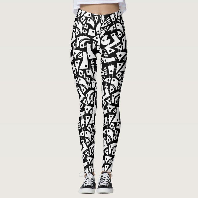 Abstrakt former 180318 - vit på svart leggings (Framsida)