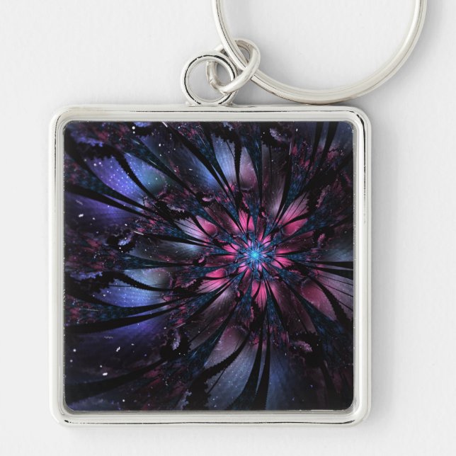 Abstrakt fraktal blomdesign.  fyrkantig silverfärgad nyckelring (Framsidan)