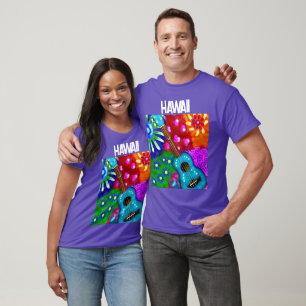 Abstrakt Funky Ukulele Blommigt Tropical Teal Lila T Shirt