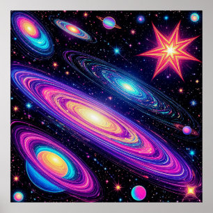 Abstrakt galaxscen med stjärnor, planeter poster