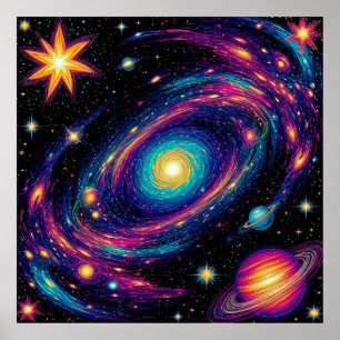 Abstrakt galaxscen med stjärnor, planeter poster