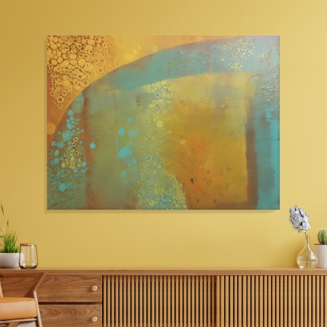 Abstrakt Gelli-platttryck i tealblå, gul och guld Canvastryck (Insitu (Vardagsrum))