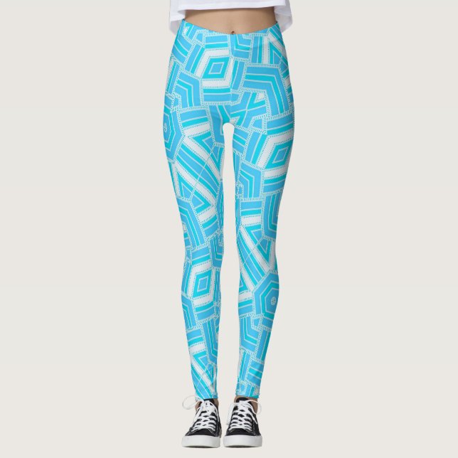 Abstrakt Geo Blue+White Mönster Leggings ★ Psydefx (Framsida)