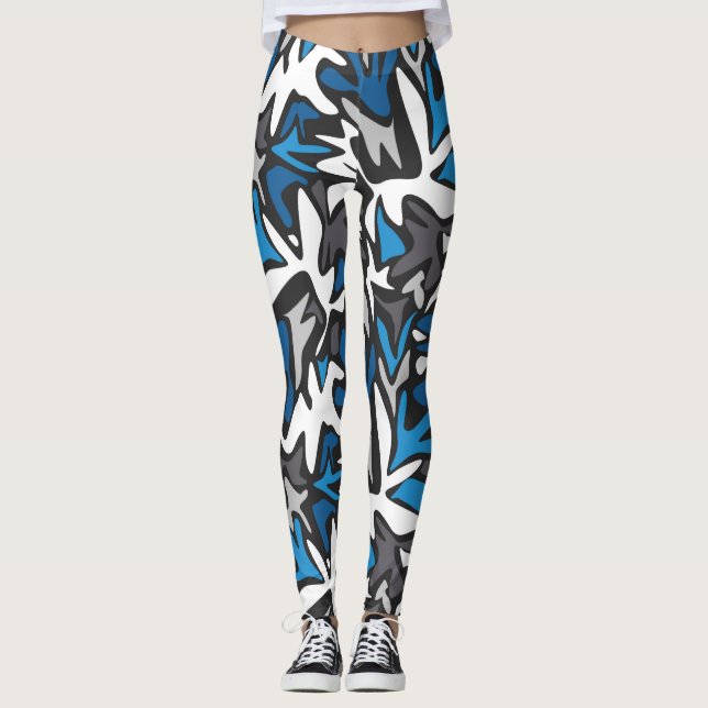 abstrakt, geometri, mönster, svart och blå kast leggings (Framsida)