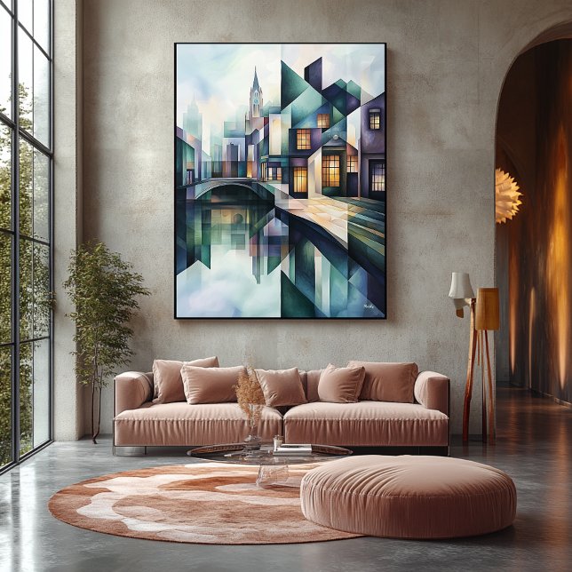 Abstrakt Geometric Amsterdam Skyline med Canal Canvastryck (Skapare uppladdad)