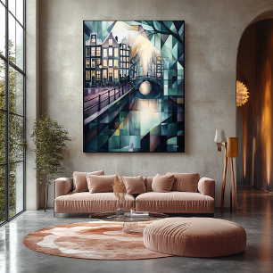 Abstrakt Geometric Amsterdam Skyline med Canal Canvastryck