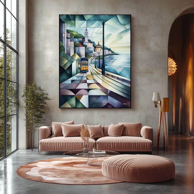 Abstrakt Geometric Lissabon Skyline med Tram Canvastryck (Skapare uppladdad)