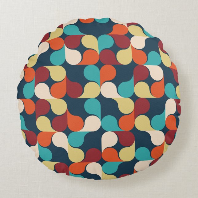 Abstrakt Geometric Mönster med löv, droppar. Kol Rund Kudde (Framsidan)