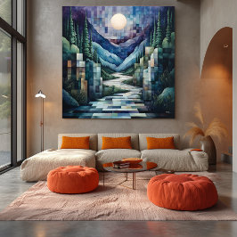 Abstrakt Geometric Moonlit Valley med River Canvastryck