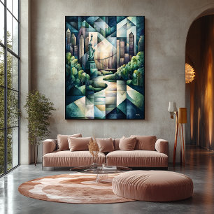 Abstrakt Geometric New York Skyline Statue Liberty Canvastryck