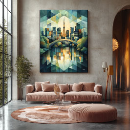 Abstrakt Geometric Tokyo Skyline med Torn Canvastryck